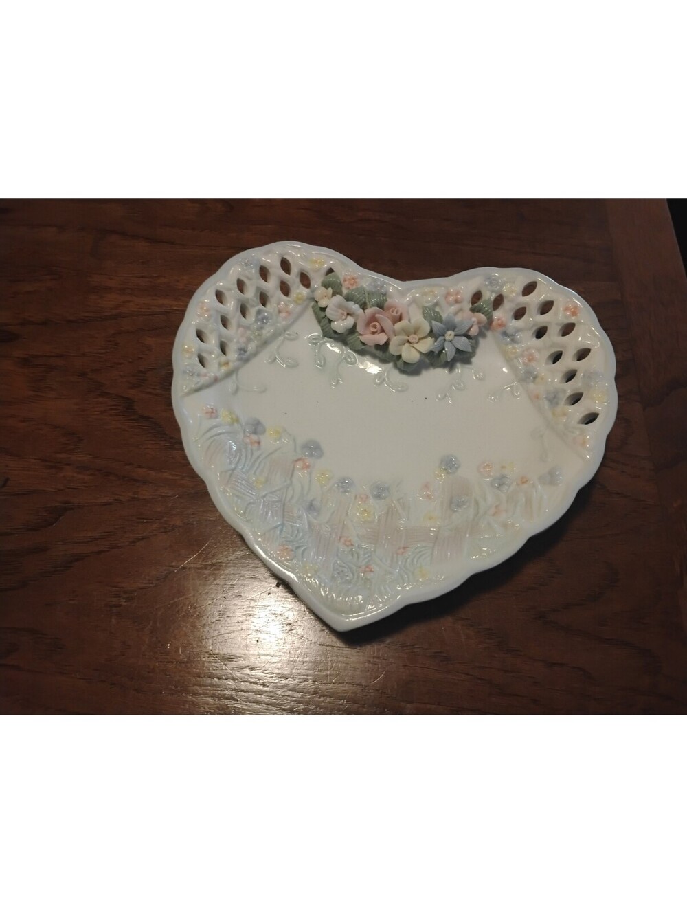Heart-Shaped Porcelain Decorative Dish with Floral Accents